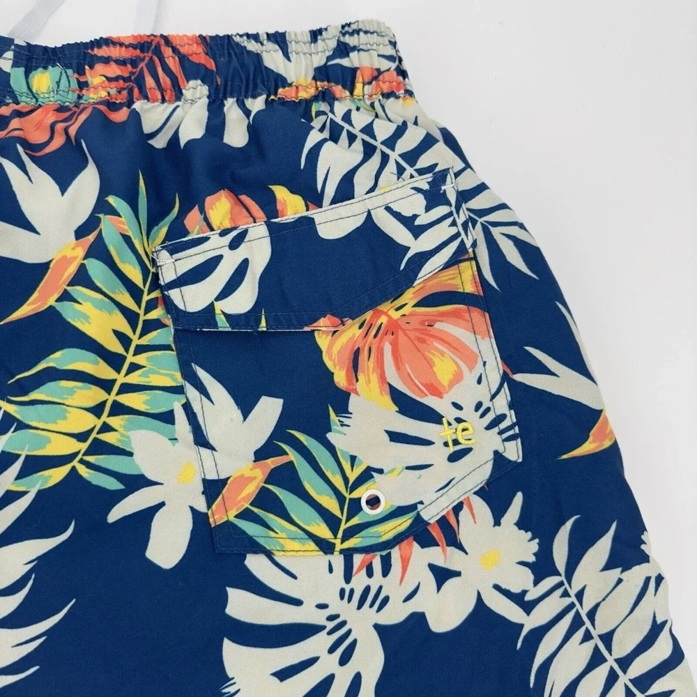 Tipsyelves Casual Tropical Floral Swim Trunks Men's Navy Blue Drawstring Pockets